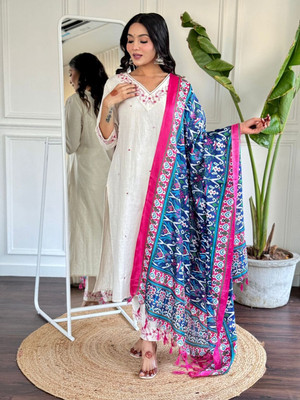 TRAHIMAM Embroidered Kurta, Trouser/Pant & Dupatta Set