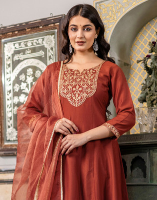 Skylee Embroidered, Embellished Anarkali Kurta, Bottom & Dupatta Set