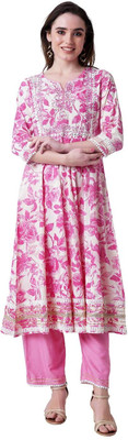 Hawkthestock Floral Print Anarkali Kurta, Bottom & Dupatta Set