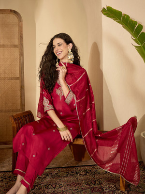 Sangria Embroidered Kurta, Trouser/Pant & Dupatta Set