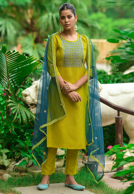 SURMEDANI Embroidered Kurta, Trouser/Pant & Dupatta Set