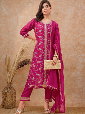 Sangria Embroidered Kurta, Trouser/Pant & Dupatta Set