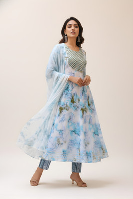 Folkiss Floral Print, Embellished Anarkali Kurta, Bottom & Dupatta Set