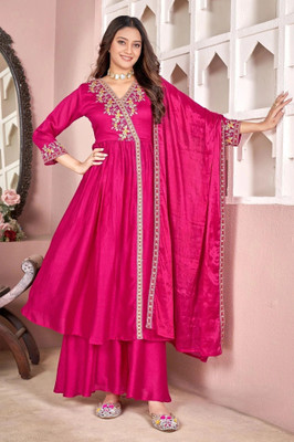 P Three Pluse Embroidered Kurta, Palazzo & Dupatta Set
