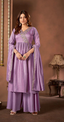 P Three Pluse Embroidered Kurta, Palazzo & Dupatta Set