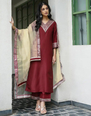 Blue Zircon Embroidered Kurta, Trouser/Pant & Dupatta Set