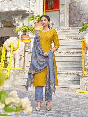 DWAPAR Embroidered Kurta, Trouser/Pant & Dupatta Set