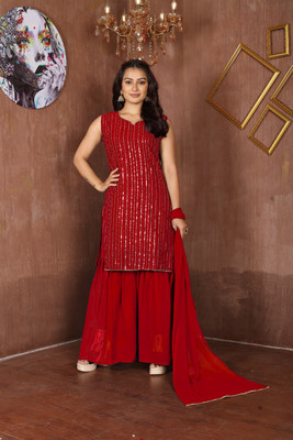 A One Collection Embroidered Kurta, Sharara & Dupatta Set