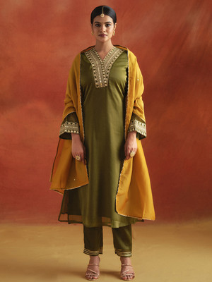 Jaipur Kurti Embroidered Kurta, Trouser/Pant & Dupatta Set