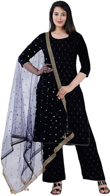 HOC's Embellished, Embroidered Kurta, Palazzo & Dupatta Set