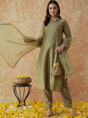 Sangria Embroidered Kurta, Trouser/Pant & Dupatta Set