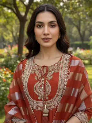 PQRST Embroidered Anarkali Kurta, Bottom & Dupatta Set