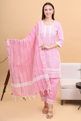 STITCHES N STYLE Embellished, Applique, Printed, Self Design Kurta, Trouser/Pant & Dupatta Set