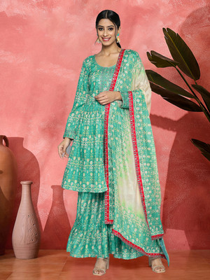 Sangria Floral Print Kurta, Sharara & Dupatta Set