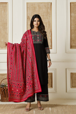 SHRIZA Embroidered Kurta, Palazzo & Dupatta Set