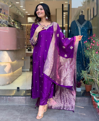 Fabricfantacia Women Embroidered, Woven Design A-line Kurta(Purple)