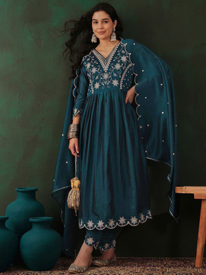 Sangria Embroidered Anarkali Kurta, Bottom & Dupatta Set