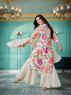 Tasrika Floral Print, Embroidered Kurta, Sharara & Dupatta Set