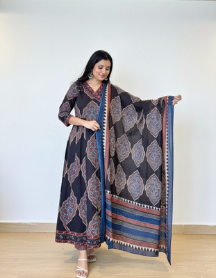 Komfortive Floral Print Anarkali Kurta, Bottom & Dupatta Set