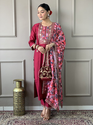 Trishazy Embroidered Kurta, Palazzo & Dupatta Set