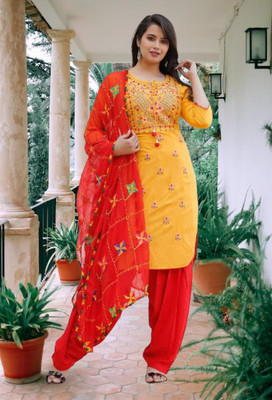 KRAFTTALESINDIA Embroidered, Embellished, Solid Kurta, Patiala & Dupatta Set