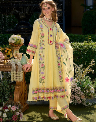 Komfortive Embroidered Anarkali Kurta, Bottom & Dupatta Set