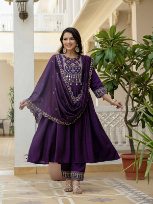 PeachPetals Embroidered, Embellished Kurta, Trouser/Pant & Dupatta Set