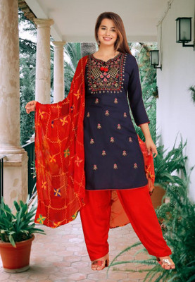 KRAFTTALESINDIA Embroidered, Embellished, Solid Kurta, Patiala & Dupatta Set