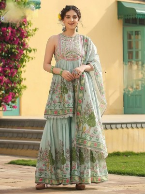 PoojaCreation Printed Kurta, Sharara & Dupatta Set