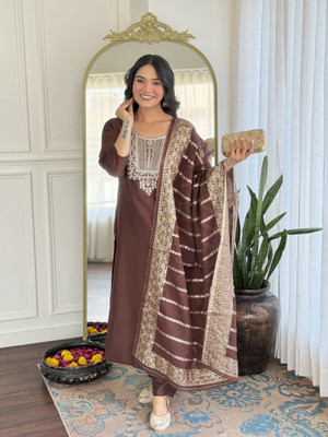 FusionCulture Solid Kurta, Trouser/Pant & Dupatta Set