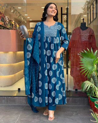 DM MART Printed Anarkali Kurta, Bottom & Dupatta Set