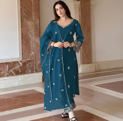 kalakruti Embroidered Kurta, Palazzo & Dupatta Set