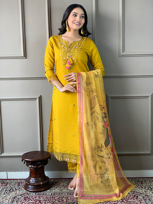 JAPNAAM Embroidered Kurta, Trouser/Pant & Dupatta Set