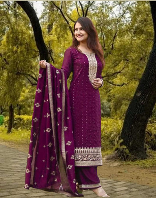 vyomira Embroidered Kurta, Palazzo & Dupatta Set