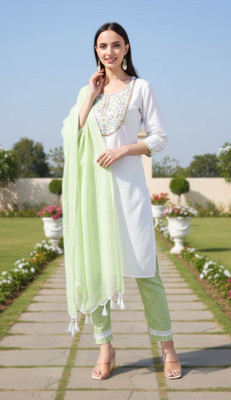 Sunbright Embroidered, Floral Print Kurta, Salwar & Dupatta Set