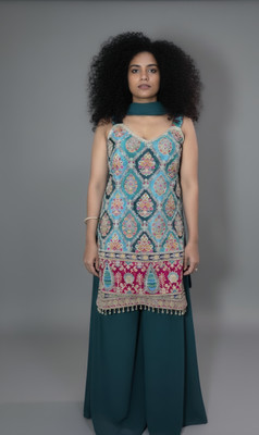V by Vanya Embroidered, Printed Kurta, Palazzo & Dupatta Set
