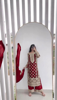 ETSA Embroidered Kurta, Palazzo & Dupatta Set