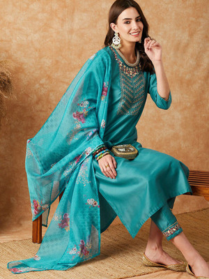 Sangria Embroidered Kurta, Trouser/Pant & Dupatta Set
