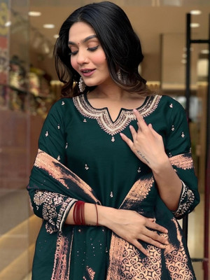 Cropyfy Embroidered Kurta, Palazzo & Dupatta Set