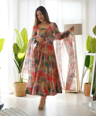 GRISHU COLLECTION Floral Print Anarkali Kurta, Bottom & Dupatta Set