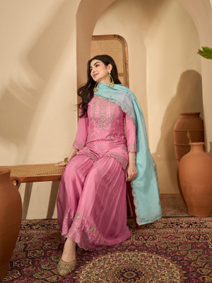 Sangria Embroidered Kurta, Sharara & Dupatta Set