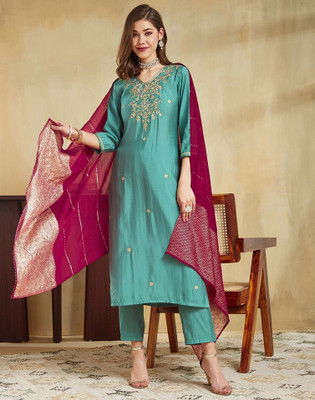 Skylee Embroidered, Embellished Kurta, Trouser/Pant & Dupatta Set