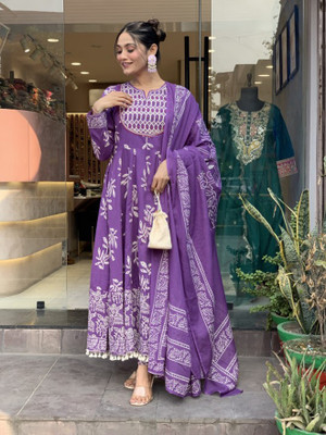 Klosia Floral Print Anarkali Kurta, Bottom & Dupatta Set