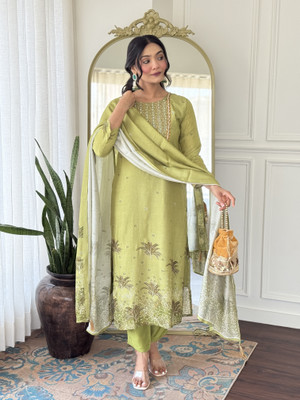 Vividvibe Embroidered, Self Design, Embellished Kurta, Trouser/Pant & Dupatta Set