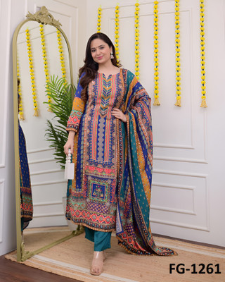 Krishna Apparels Floral Print, Embroidered, Self Design, Chevron/Zig Zag Kurta, Trouser/Pant & Dupatta Set