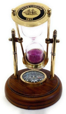 CH Antique Brass Sand Timer with Compass on Wooden Base Hour Glass Clock Nautical Theme Decor (Height 5 Inches 1 Minute, Brown) Sand Clock