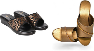 PMS Women Wedges(Gold, Gold , 8)