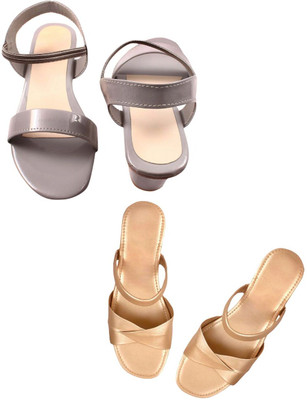 Goraiya Women Heels(Grey, Gold , 6)