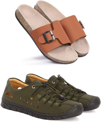 Walkivo Men Sandals(Tan, Green , 6)