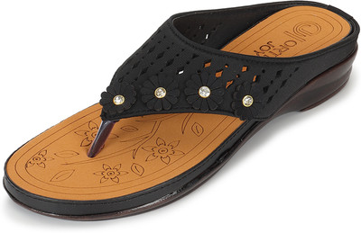 ORTHO JOY Women Wedges(Black, Tan , 9)